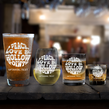 Custom Beer Glass Peace Love & Hollow Points Pint Glass Personalized Glassware
